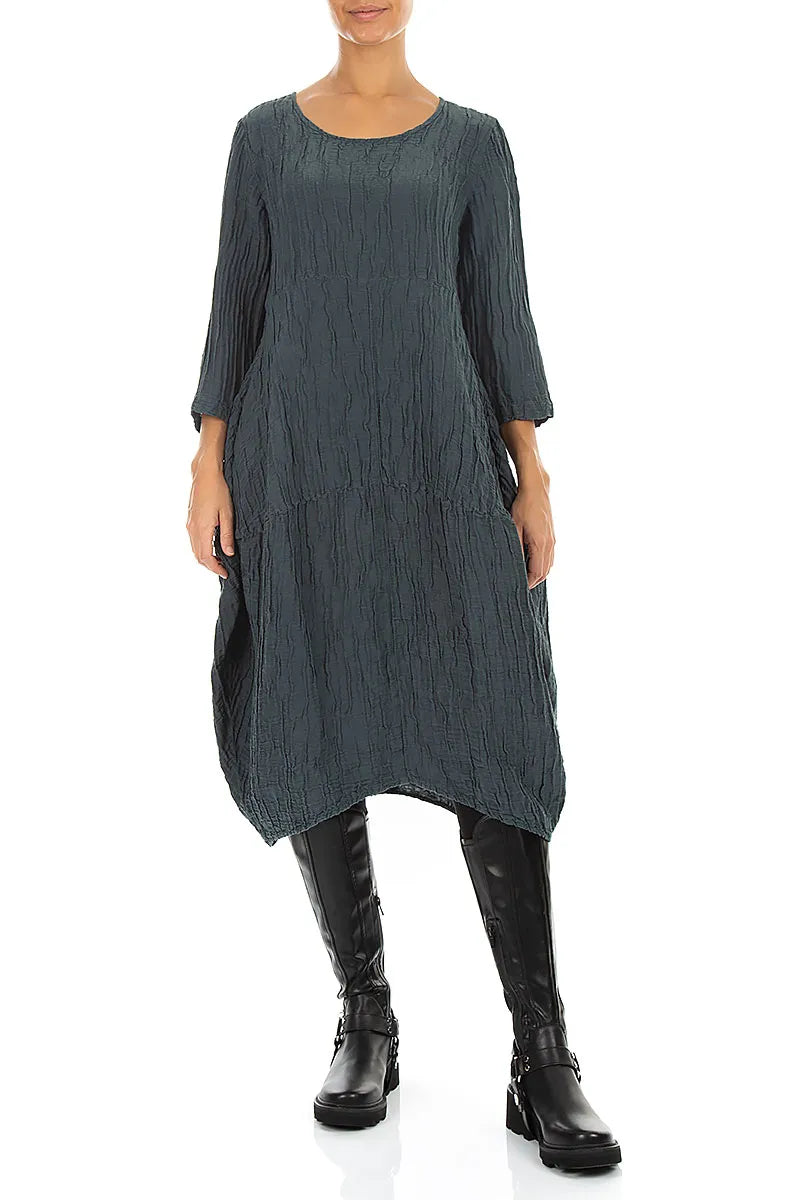 Balloon Crinkled Slate Silk Linen Dress 4