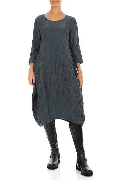 Balloon Crinkled Slate Silk Linen Dress 4