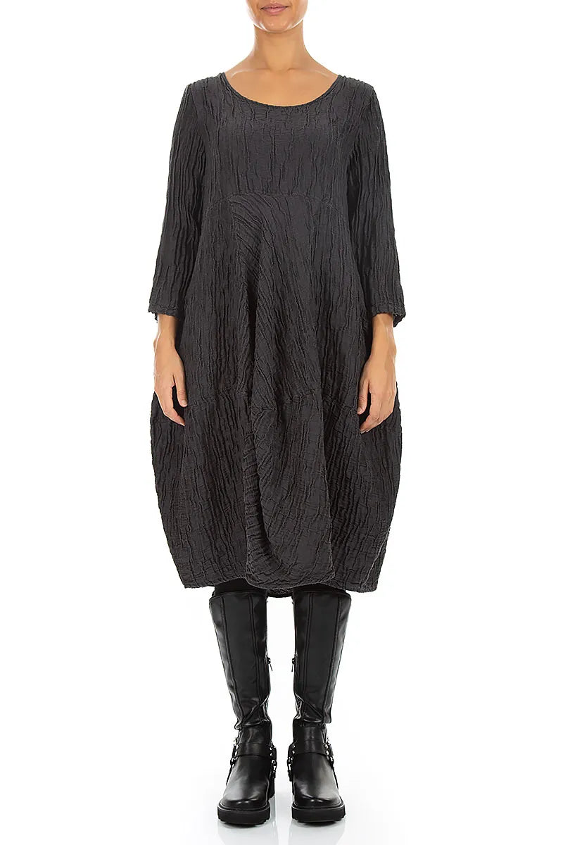 Balloon Cropped Sleeves Crinkled Charcoal Silk Linen Dress 1