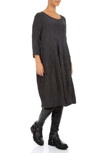 Balloon Cropped Sleeves Crinkled Charcoal Silk Linen Dress 3