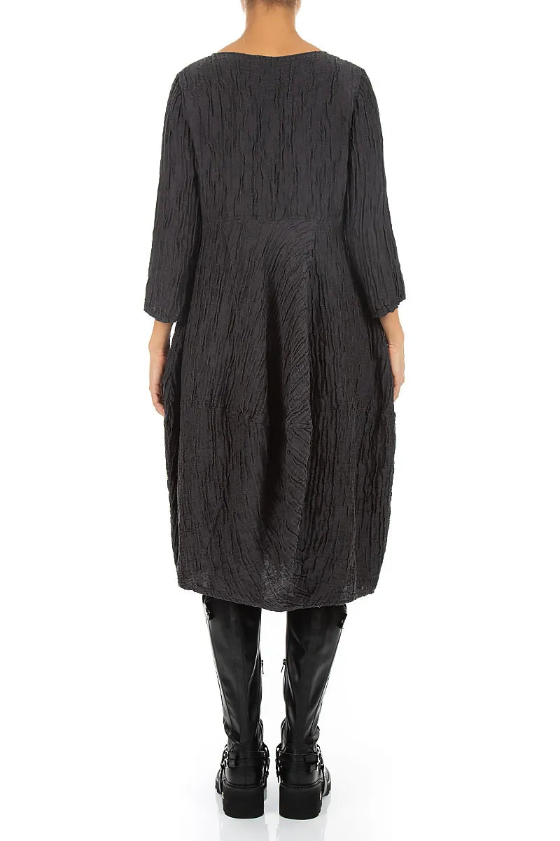 Balloon Cropped Sleeves Crinkled Charcoal Silk Linen Dress 2