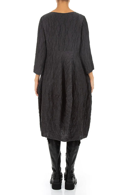 Balloon Cropped Sleeves Crinkled Charcoal Silk Linen Dress 2