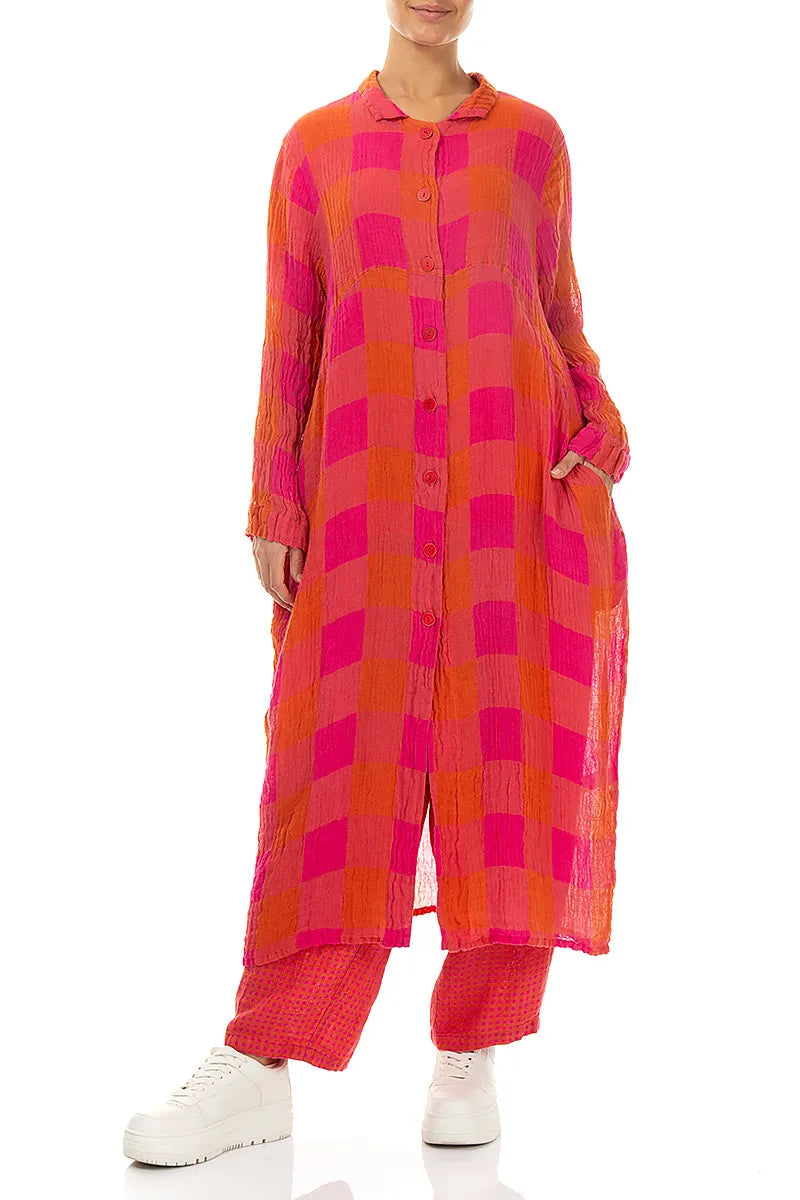Balloon Large Check Pink Orange Gauze Linen Jacket Dress 4