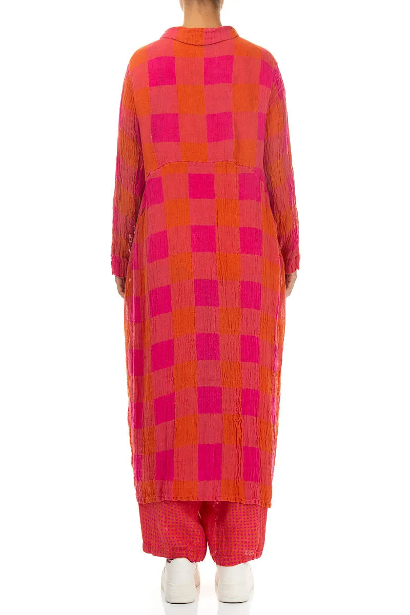 Balloon Large Check Pink Orange Gauze Linen Jacket Dress 2