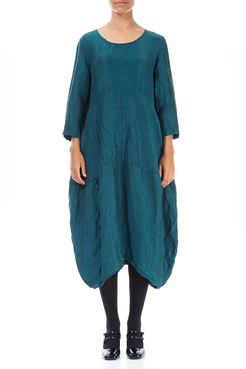 Balloon Textured Peacock Silk Linen Dress 1