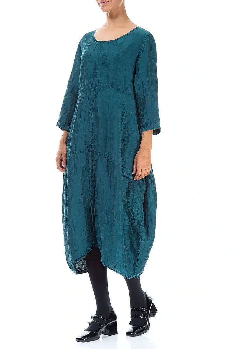 Balloon Textured Peacock Silk Linen Dress 3