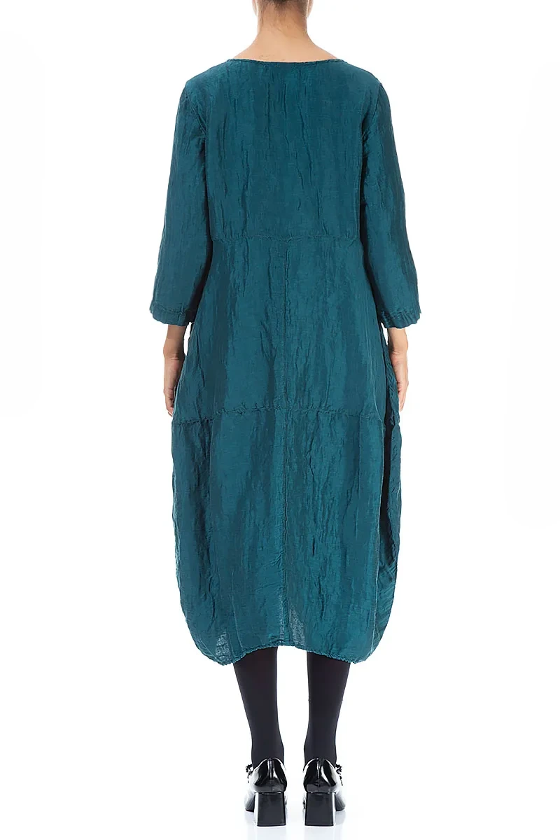 Balloon Textured Peacock Silk Linen Dress 2
