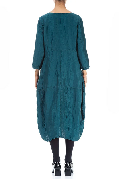 Balloon Textured Peacock Silk Linen Dress 2