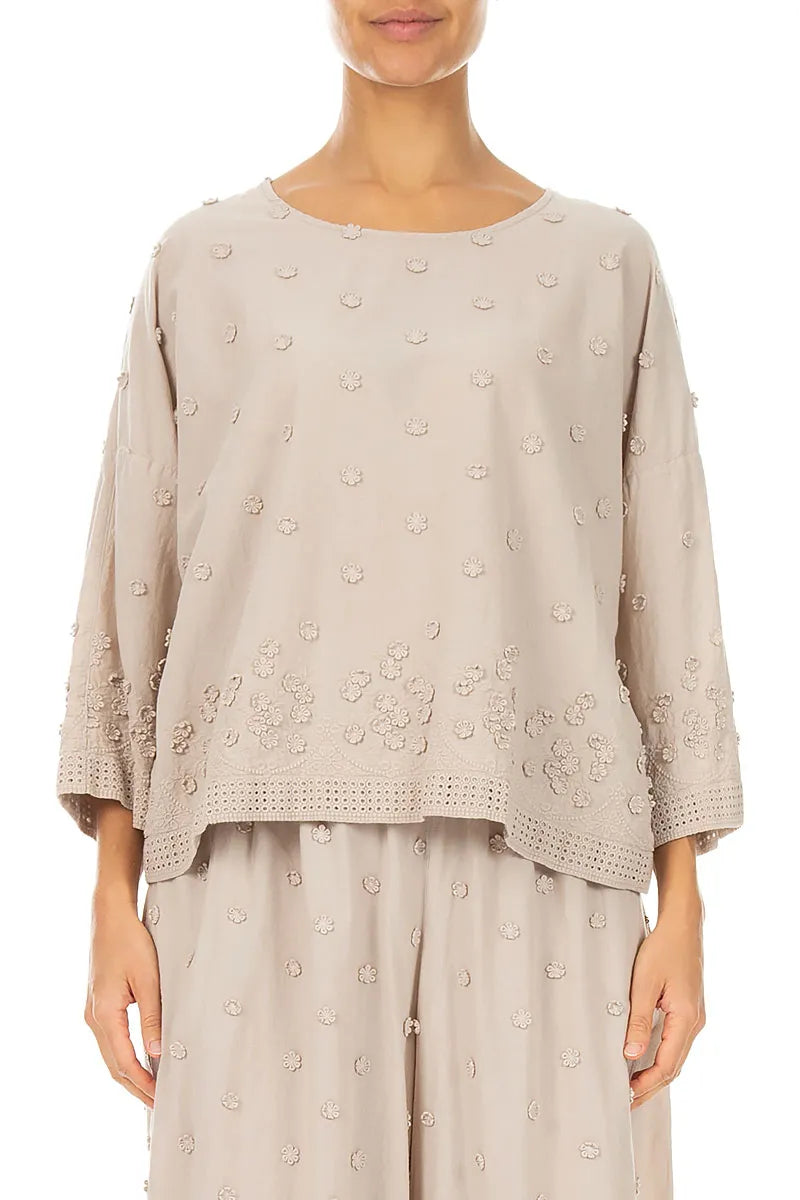 Beige Floral Embroidered Cotton Blouse 1