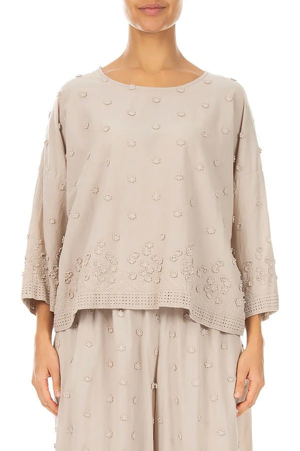 Beige Floral Embroidered Cotton Blouse 1