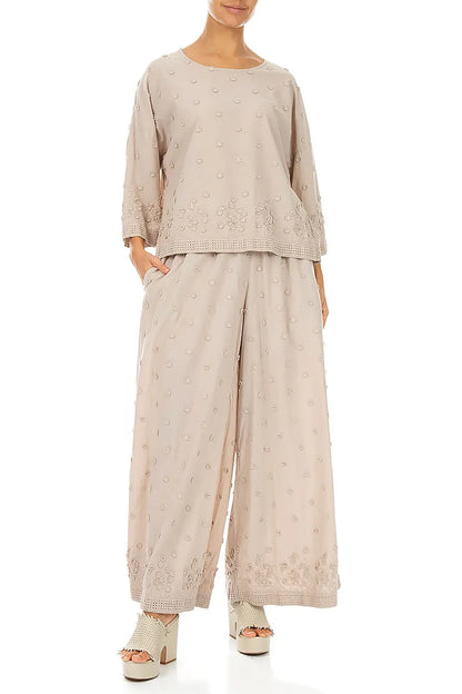 Beige Floral Embroidered Cotton Trousers 5