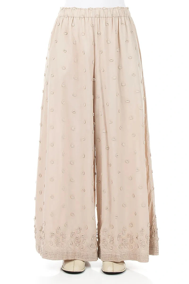 Beige Floral Embroidered Cotton Trousers 2
