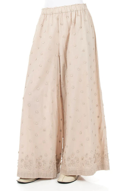 Beige Floral Embroidered Cotton Trousers 4