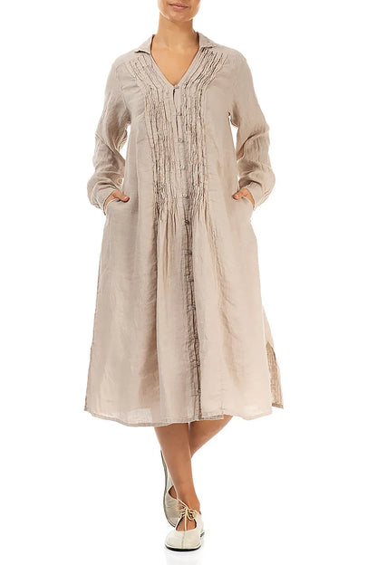 Beige Pintuck Linen Shirt Dress 4