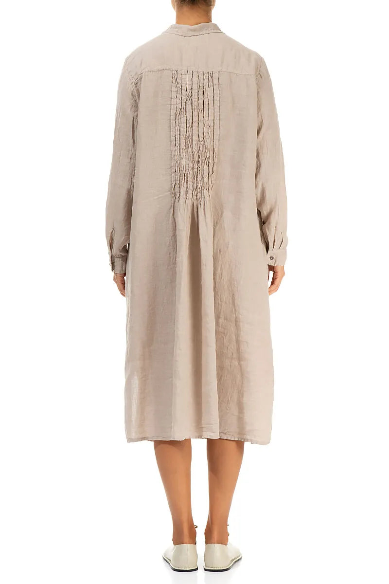 Beige Pintuck Linen Shirt Dress 2