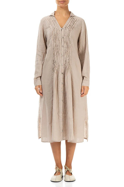Beige Pintuck Linen Shirt Dress 1