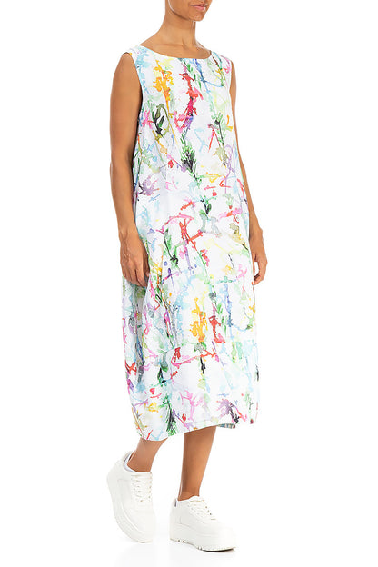 Boat Neck Balloon Colour Splash Linen Dress 3