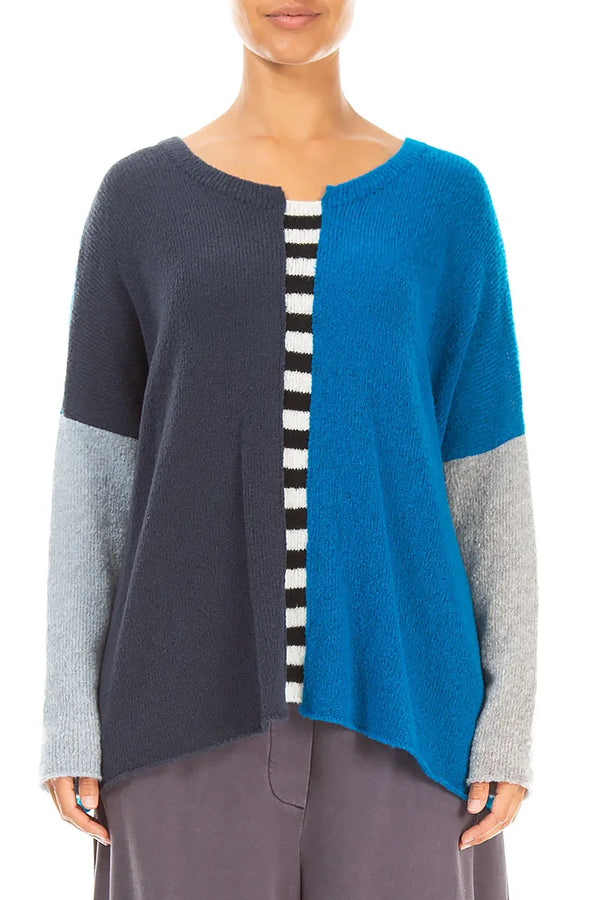 Boxy Colour-Block Navy Azure Wool Sweater 1