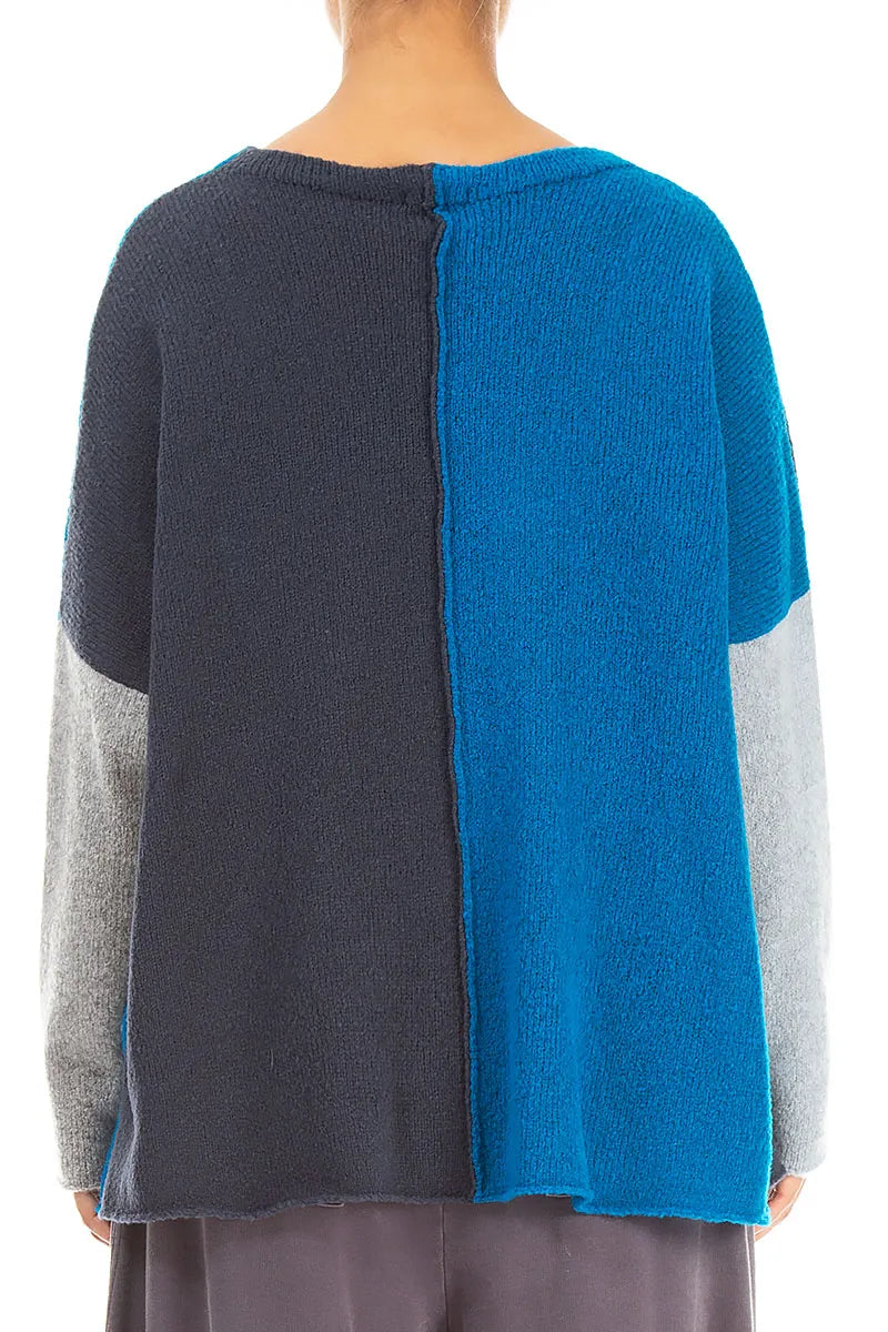 Boxy Colour-Block Navy Azure Wool Sweater 2
