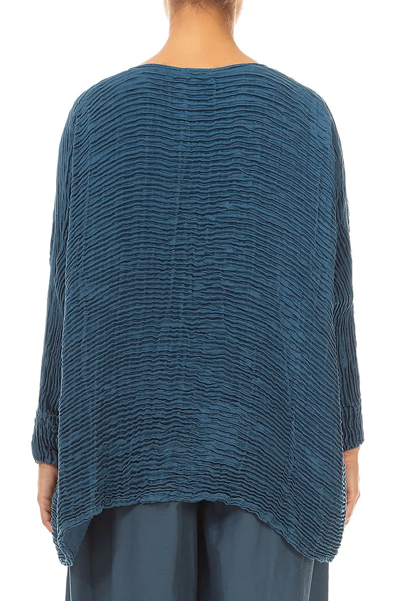 Boxy Deep Turquoise Plissé Silk Blouse