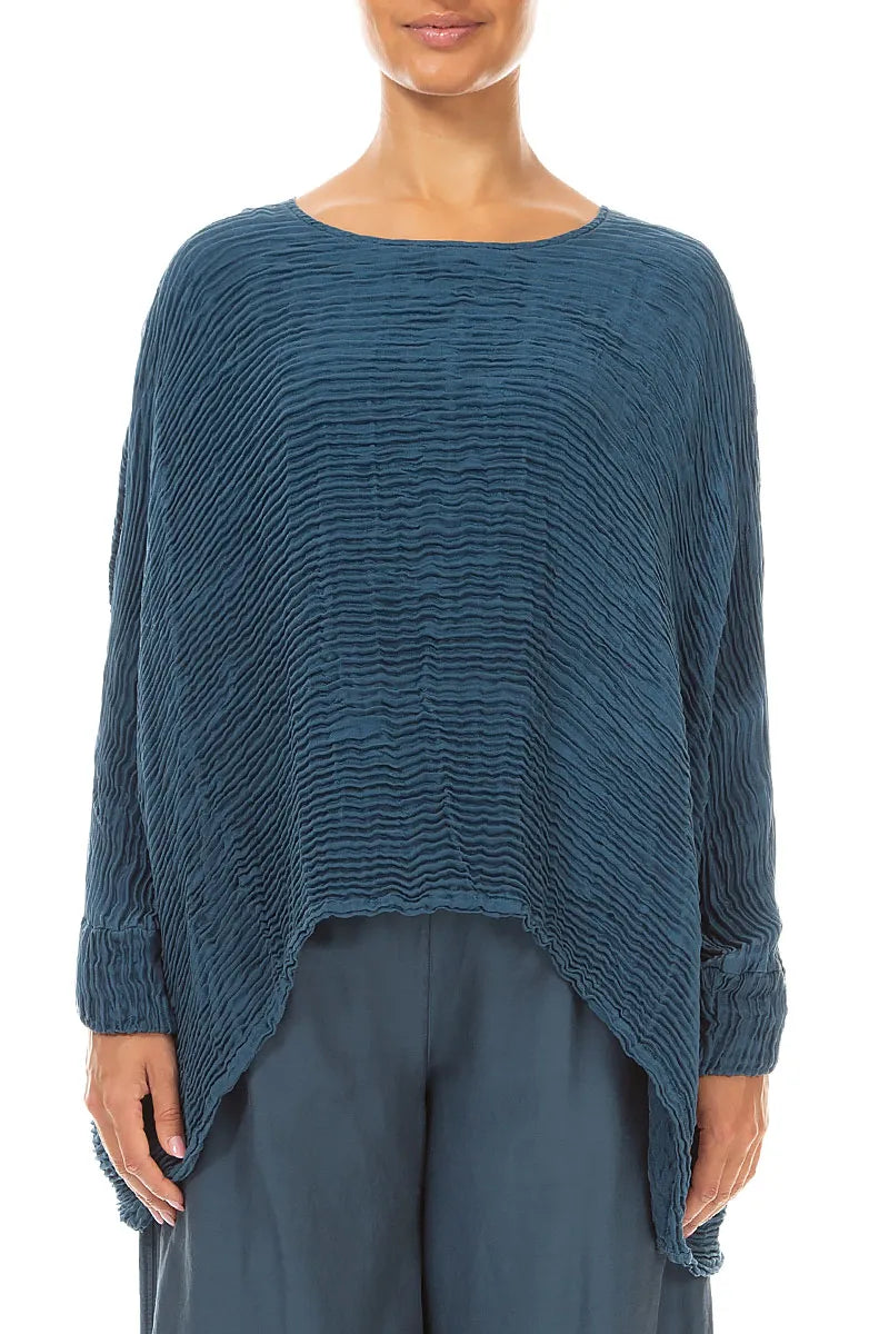 Boxy Deep Turquoise Plissé Silk Blouse