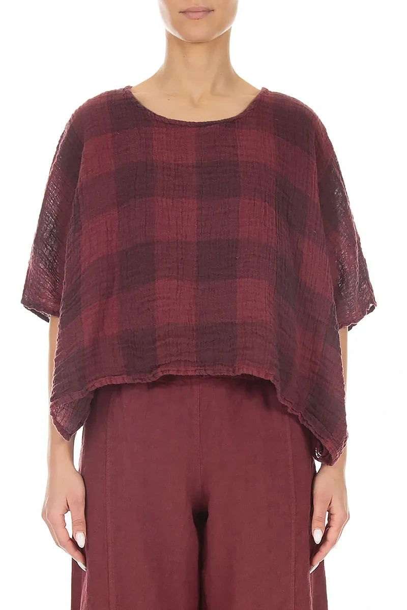 Boxy Large Check Antique Ruby Gauze Linen Blouse 1