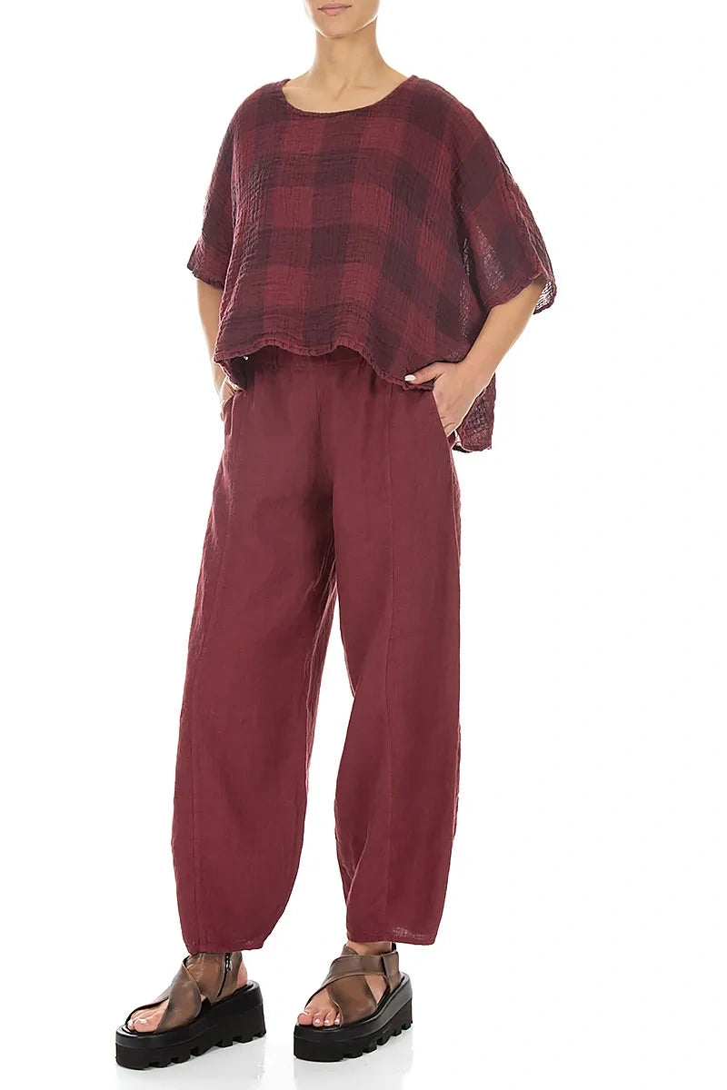 Boxy Large Check Antique Ruby Gauze Linen Blouse 4