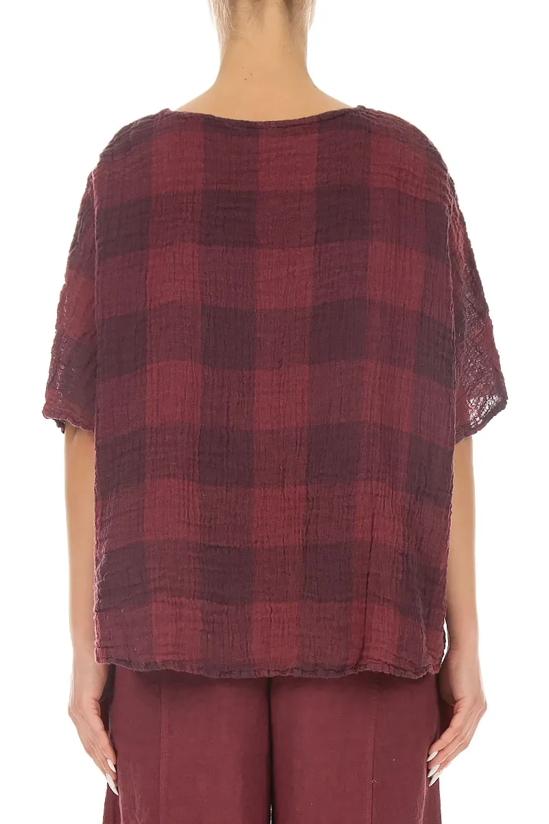 Boxy Large Check Antique Ruby Gauze Linen Blouse 2