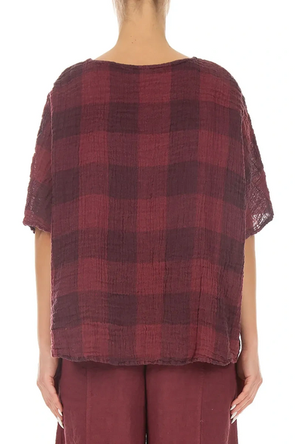 Boxy Large Check Antique Ruby Gauze Linen Blouse 2