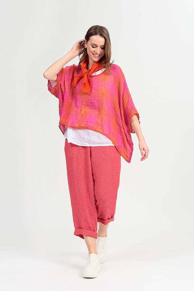 Boxy Large Check Pink Orange Gauze Linen Blouse 8