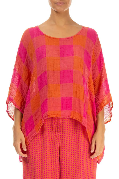 Boxy Large Check Pink Orange Gauze Linen Blouse 2