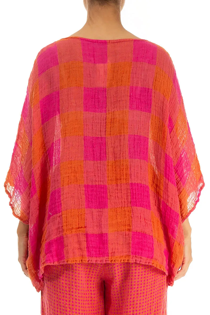 Boxy Large Check Pink Orange Gauze Linen Blouse 3