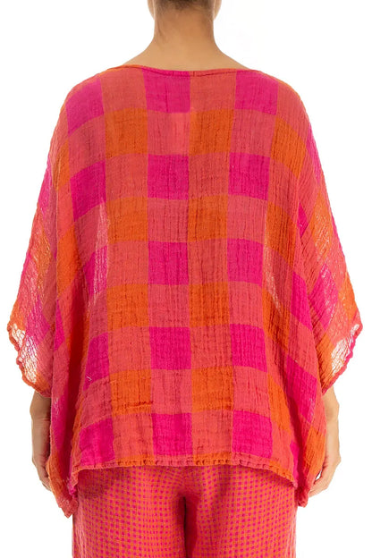 Boxy Large Check Pink Orange Gauze Linen Blouse 3