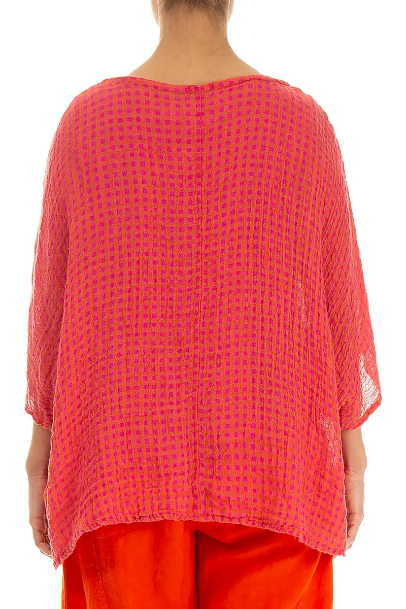 Boxy Pink Orange Check Gauze Linen Blouse 2