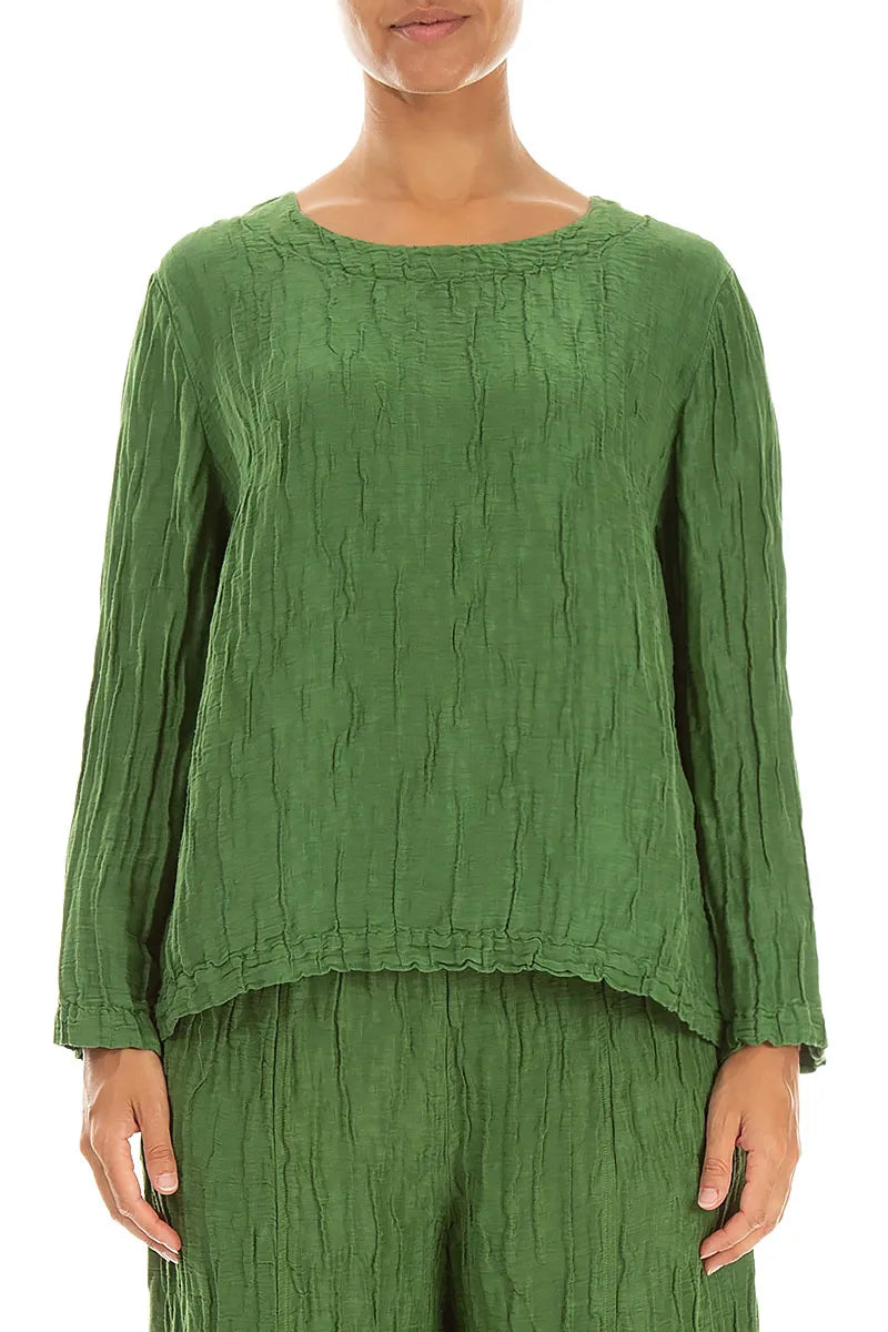 Boxy Shamrock Green Crinkled Silk Linen Blouse