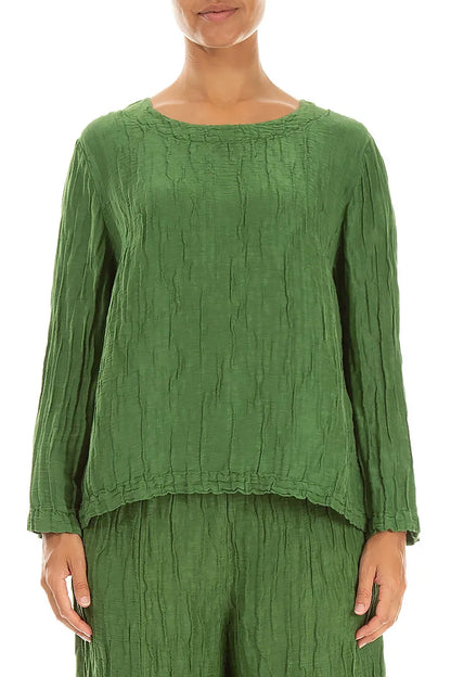 Boxy Shamrock Green Crinkled Silk Linen Blouse