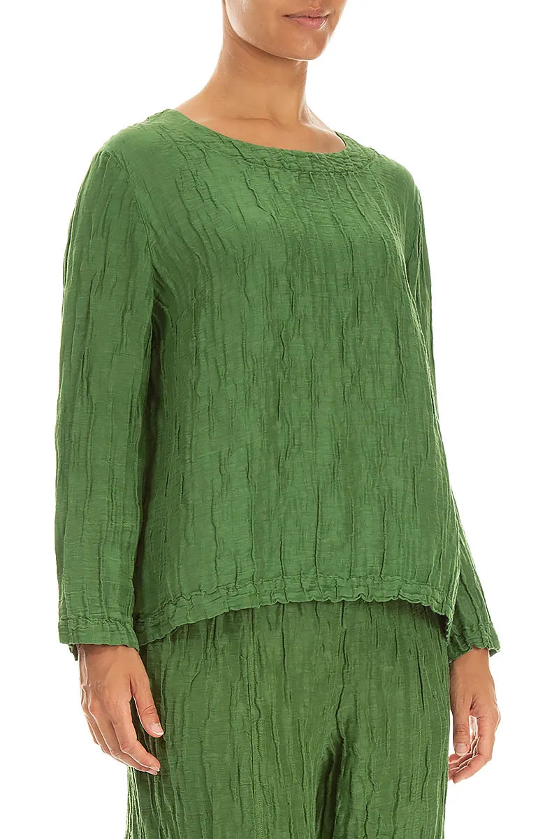 Boxy Shamrock Green Crinkled Silk Linen Blouse
