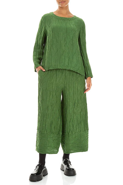 Boxy Shamrock Green Crinkled Silk Linen Blouse