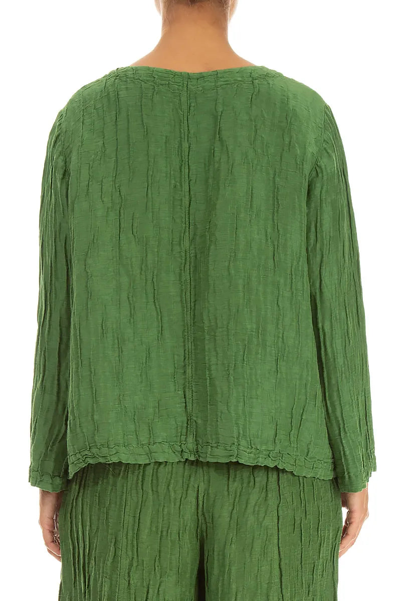 Boxy Shamrock Green Crinkled Silk Linen Blouse