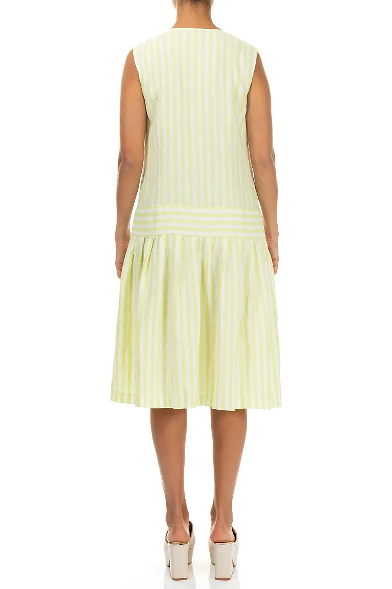 Button Detail Lime Striped Linen Dress 2