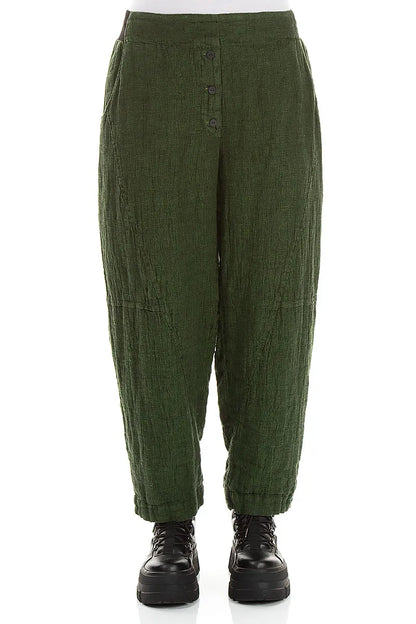 Button Front Shamrock Green Mélange Linen Trousers 1