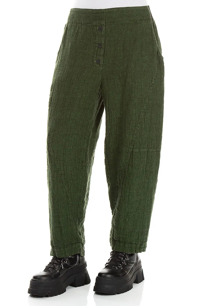 Button Front Shamrock Green Mélange Linen Trousers 3