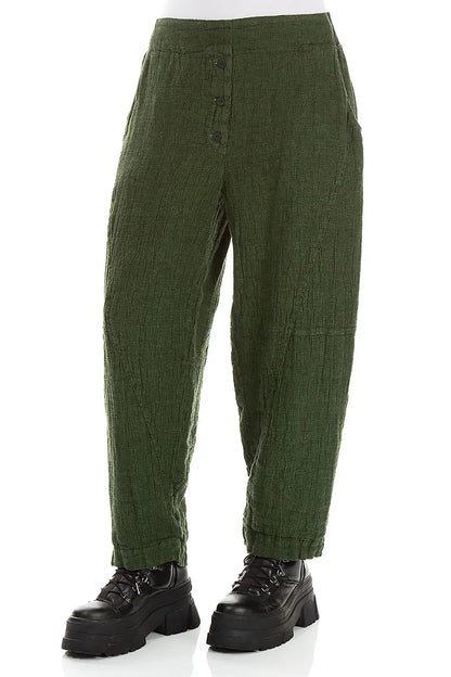 Button Front Shamrock Green Mélange Linen Trousers 3