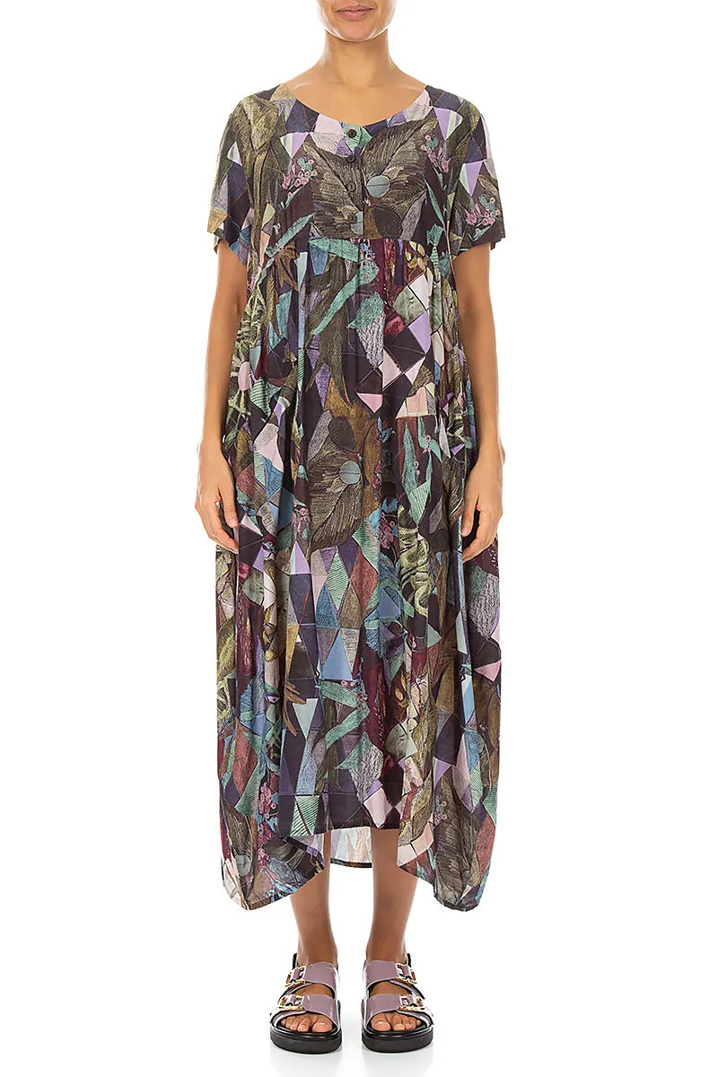 Buttoned Art Mosaic Silk Bamboo Dress 1