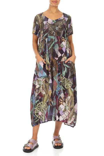 Buttoned Art Mosaic Silk Bamboo Dress 4