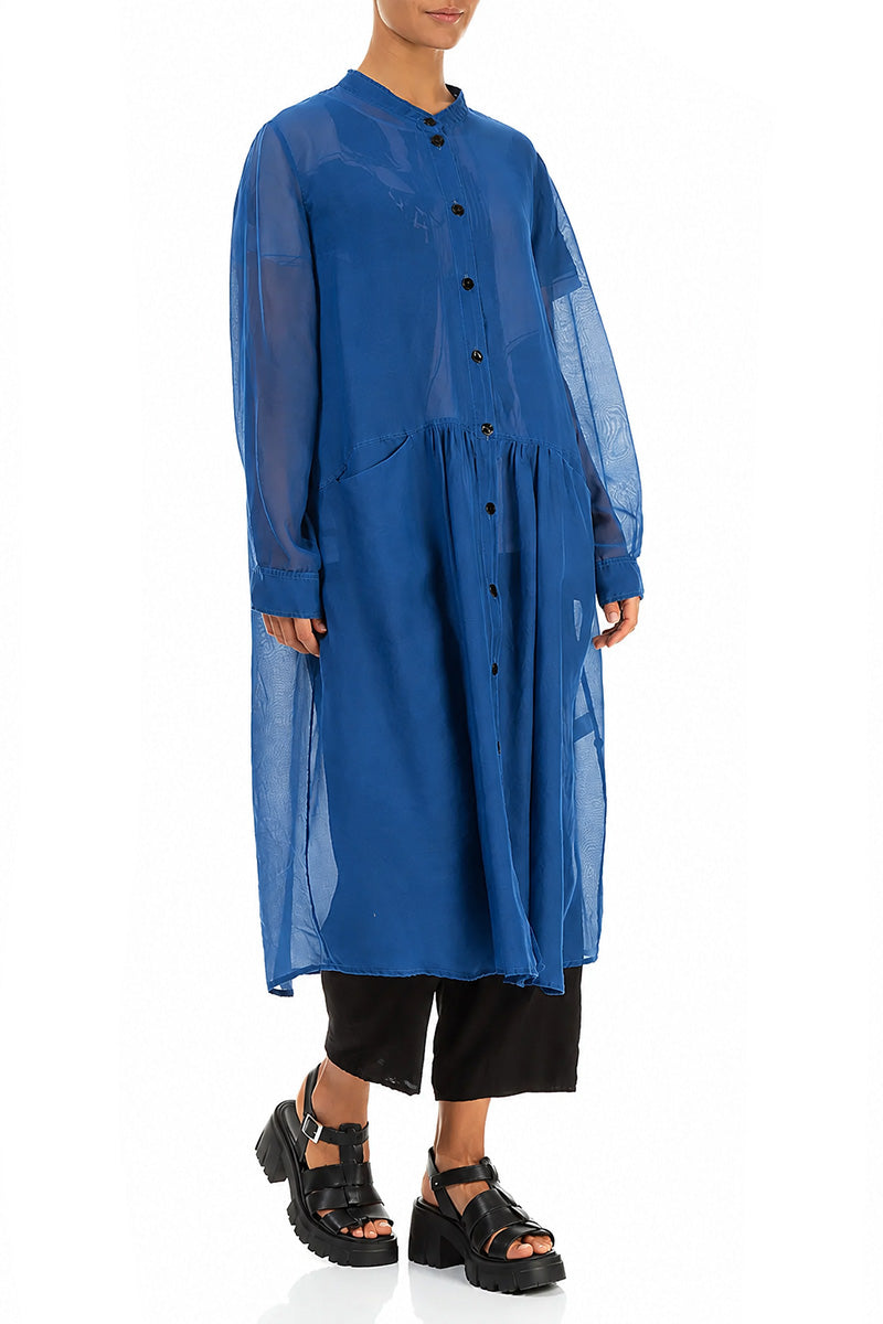 Buttoned Cobalt Blue Silk Cotton Jacket 4