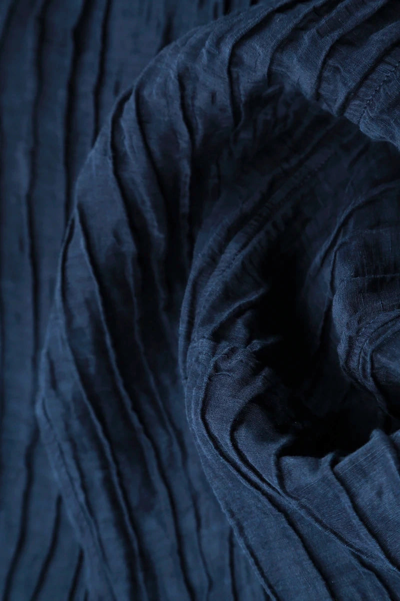 Buttoned Navy Crinkled Silk Linen Dress 5