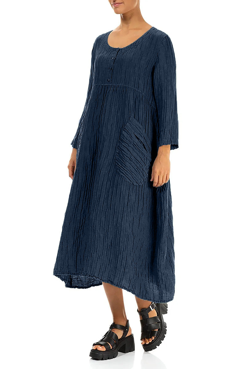 Buttoned Navy Crinkled Silk Linen Dress 3