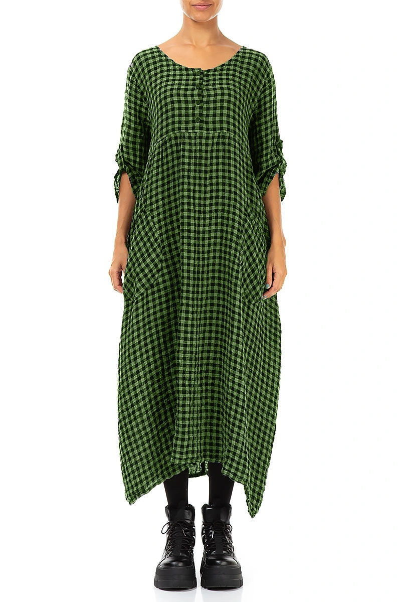 Buttoned Shamrock Green Check Linen Dress 1