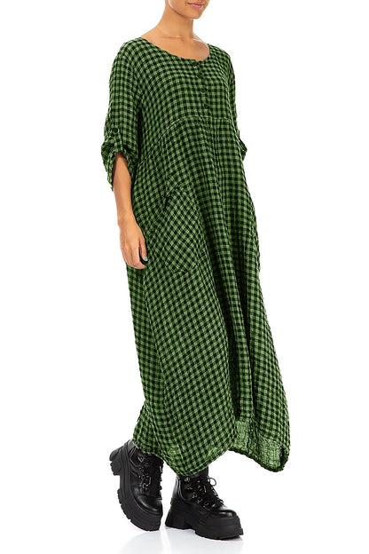 Buttoned Shamrock Green Check Linen Dress 4